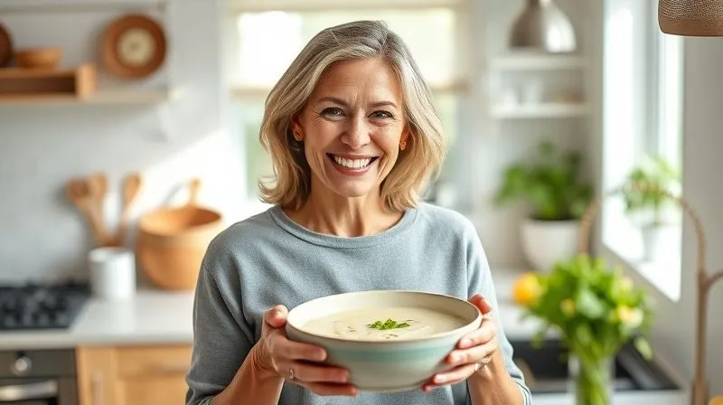 A radiant, smiling woman in her 40s, holding a bowl of creamy celery soup, looking healthy and energetic. She is in a bright, modern kitchen, with soft natural light streaming in. photorealistic, professional photography, 8K, cinematic lighting, sharp focus, depth of field, shot on a high-end DSLR.