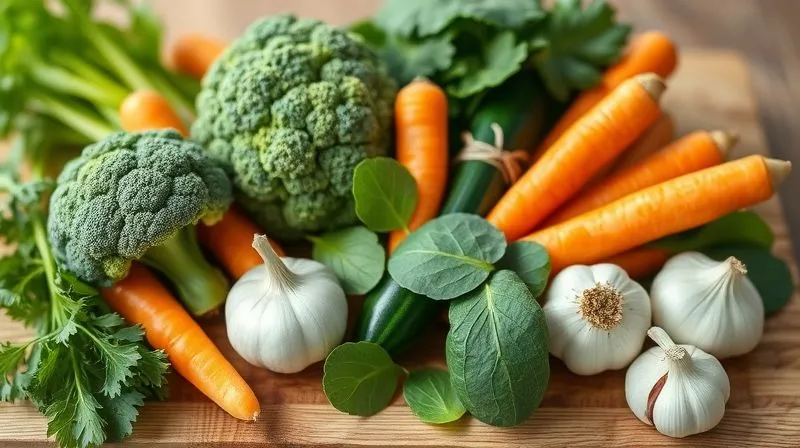 Photorealistic image of a vibrant assortment of fresh, raw vegetables like carrots, celery, broccoli, zucchini, spinach, and garlic, neatly arranged on a wooden cutting board, with soft natural light illuminating them. professional photography, 8K, cinematic lighting, sharp focus, depth of field, shot on a high-end DSLR.