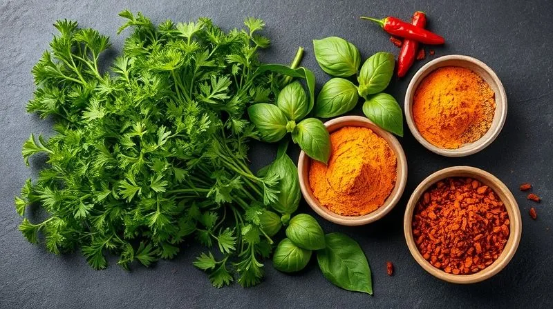 Photorealistic image of a vibrant collection of fresh herbs and dried spices: a bunch of fresh parsley, dill, cilantro, basil, alongside small bowls of turmeric, cumin, smoked paprika, and chili flakes. The ingredients are artfully arranged on a dark, textured surface with soft, diffused lighting. professional photography, 8K, cinematic lighting, sharp focus, depth of field, shot on a high-end DSLR.
