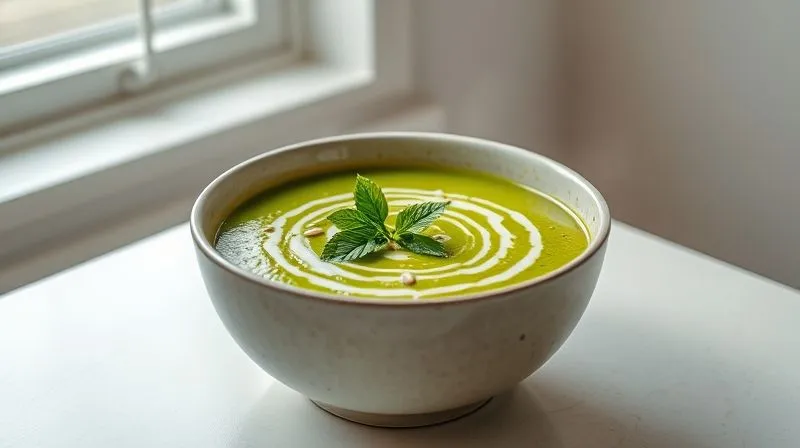 Photorealistic image of a beautiful, steaming bowl of vibrant green zucchini and pea cream soup, garnished with fresh mint leaves and a sprinkle of pumpkin seeds. The bowl is set on a light-colored, minimalist table with soft, natural light coming from a window. professional photography, 8K, cinematic lighting, sharp focus, depth of field, shot on a high-end DSLR.