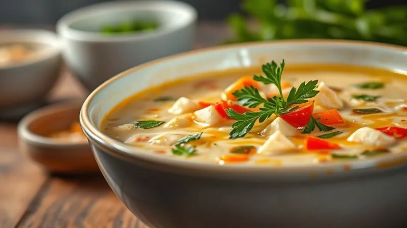 Photorealistic, professional photography, 8K, cinematic lighting, sharp focus, depth of field. A vibrant, thick, and creamy vegetable soup served in a modern ceramic bowl, garnished with fresh herbs and a drizzle of olive oil. The texture is clearly visible, suggesting richness and substance. The background is softly blurred, focusing on the appetizing soup. Shot on a high-end DSLR.
