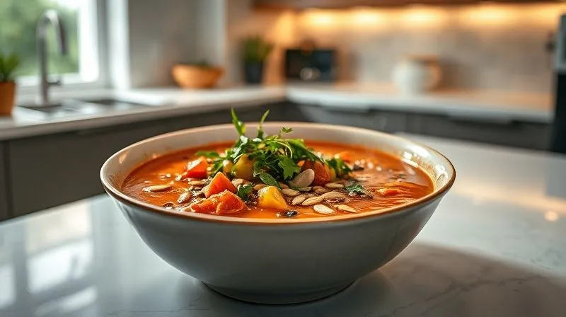 Photorealistic, professional photography, 8K, cinematic lighting, sharp focus, depth of field. A steaming, perfectly plated bowl of a rich, colorful vegetable soup, garnished with fresh herbs and roasted seeds, invitingly placed on a clean, modern kitchen counter. The focus is on the soup, showcasing its texture and warmth, with a bright, natural light source. Shot on a high-end DSLR.
