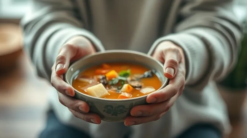 Photorealistic, professional photography, 8K, cinematic lighting, sharp focus, depth of field. A person's hands gently holding a warm, inviting bowl of vegetable soup, with a blurred background suggesting a peaceful, mindful eating environment. The focus is on the hands and the bowl, conveying a sense of comfort and satisfaction. Shot on a high-end DSLR.