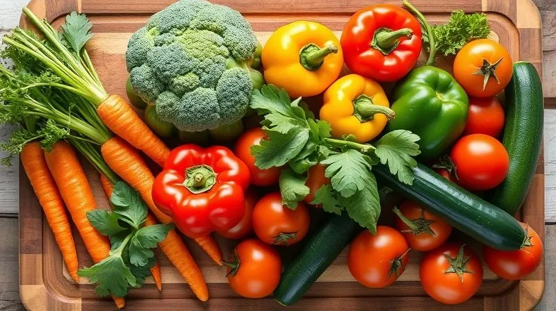 Photorealistic, professional photography, 8K, cinematic lighting, sharp focus, depth of field. An overhead shot of a colorful array of fresh, raw vegetables (carrots, bell peppers, broccoli, spinach, zucchini, tomatoes) beautifully arranged on a rustic wooden cutting board, ready for preparation. The lighting is bright and natural, highlighting the freshness and variety. Shot on a high-end DSLR.
