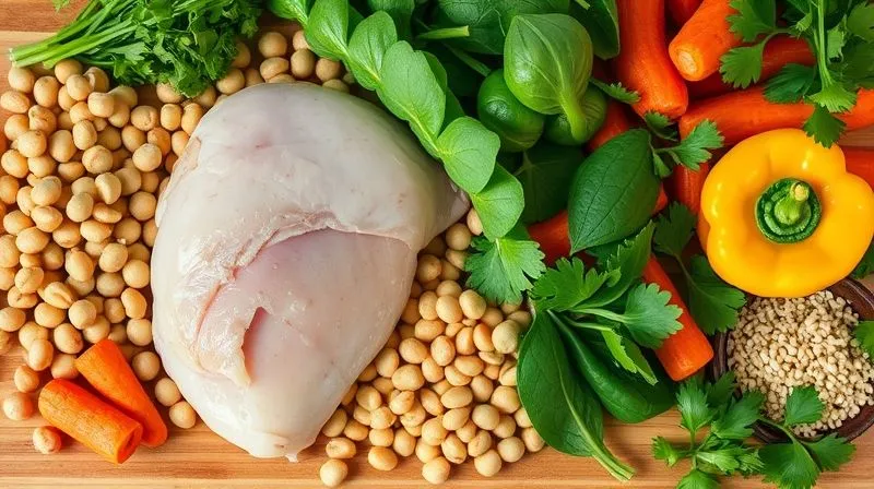 A close-up, photorealistic image of a vibrant, colorful assortment of fresh, healthy ingredients on a wooden cutting board, ready to be added to soup. Include lean chicken breast, various legumes (lentils, chickpeas), quinoa, spinach, carrots, bell peppers, and fresh herbs like parsley and cilantro. Emphasize crispness and freshness, with cinematic lighting and sharp focus on the textures. 8K, shot on a high-end DSLR.