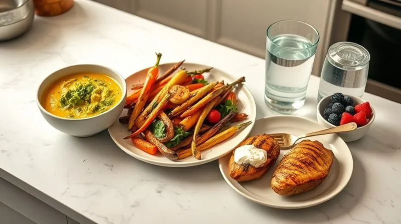 Photorealistic, professional photography, 8K, cinematic lighting, sharp focus, depth of field, shot on a high-end DSLR. A visually appealing, balanced meal plan laid out on a clean kitchen counter. The plan includes a bowl of healthy cabbage soup, a plate of grilled chicken with roasted vegetables, a small bowl of Greek yogurt with berries, and a glass of water, symbolizing a holistic and sustainable approach to diet. The composition should convey order and health.