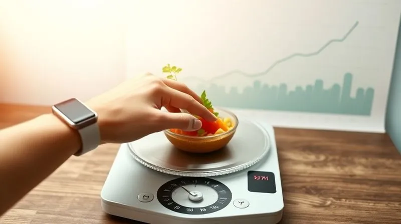 A photorealistic image of a person's hand placing a small, healthy portion of food onto a kitchen scale, with a fitness tracker on their wrist. In the background, a subtle chart showing a steady, gradual decline in weight over time, emphasizing sustainable progress. The lighting is bright and encouraging, with a sharp focus on the hand and scale. 8K, shot on a high-end DSLR.