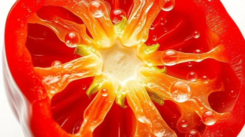 A scientific cross-section of a red bell pepper, highlighting the intricate network of plant fibers and depicting water molecules interspersed within its structure. The image should be highly detailed, clean, and illustrative, emphasizing the natural composition that contributes to satiety. photorealistic, professional photography, 8K, cinematic lighting, sharp focus, depth of field, shot on a high-end DSLR.