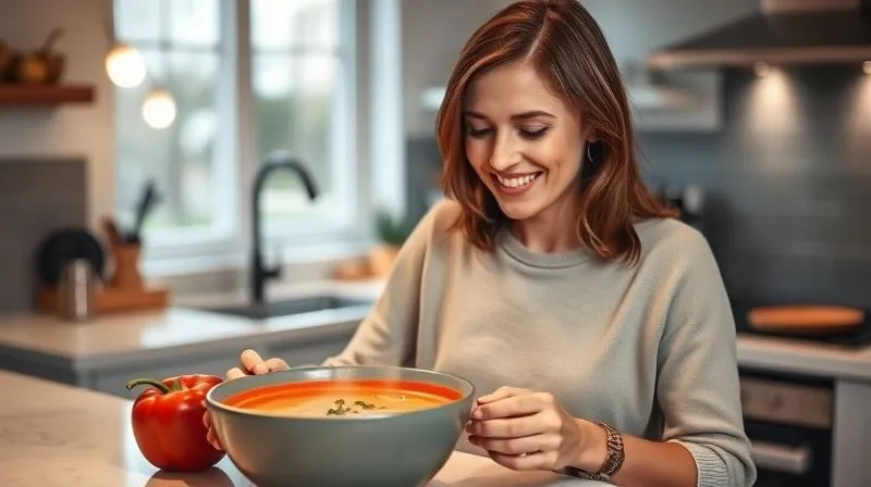 A woman in her mid-thirties, with a genuine, confident smile, looking at a steaming bowl of creamy red bell pepper soup placed on a modern kitchen counter. Her posture is relaxed and she exudes a sense of satisfaction and healthy well-being. The lighting is soft and inviting, emphasizing the comforting aspect of the meal. photorealistic, professional photography, 8K, cinematic lighting, sharp focus, depth of field, shot on a high-end DSLR.