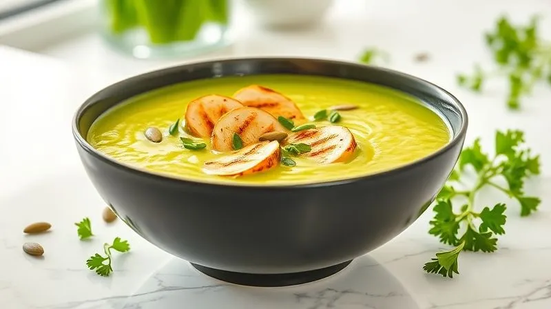 Photorealistic image of a vibrant, healthy celery cream soup in a modern bowl, garnished with grilled chicken breast pieces, pumpkin seeds, and fresh herbs, against a clean, bright kitchen background. The soup looks appetizing and rich in texture, with sharp focus on the ingredients and a shallow depth of field. Professional photography, 8K, cinematic lighting.