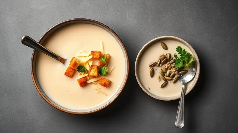A photorealistic, top-down view of two bowls of celery cream soup. One bowl is overflowing with rich, creamy soup and a generous scattering of greasy croutons and cheese, with a large serving spoon. The second bowl, next to it, contains a moderate portion of lighter soup, garnished with fresh parsley and a few pumpkin seeds, with a smaller, elegant spoon. The contrast highlights portion control and healthy toppings. Professional photography, 8K, cinematic lighting, sharp focus.