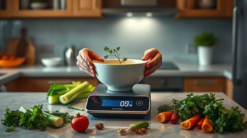 A photorealistic, professional photography, 8K, cinematic lighting, sharp focus, depth of field, shot on a high-end DSLR, of a person's hands delicately adjusting a digital kitchen scale with a small bowl of celery soup on it, surrounded by fresh, vibrant ingredients like celery stalks, herbs, and spices. The scene conveys precision, mindfulness, and the act of conscious cooking. The background is a warm, inviting kitchen. The mood is focused and serene.