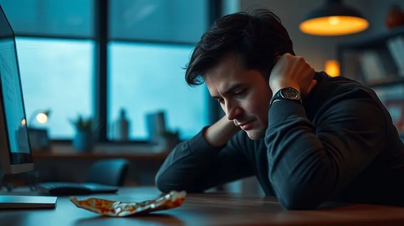 A photorealistic image of a person sitting at a desk, head resting on their hand, looking tired and unfocused, with a half-eaten sugary snack wrapper nearby. The lighting is dim and heavy, contrasting with a bright, energetic morning. Professional photography, 8K, cinematic lighting, sharp focus on the person, depth of field blurring the background, shot on a high-end DSLR.