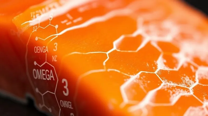 A close-up, photorealistic, professional photography shot of a cross-section of fresh, raw salmon fillet, showcasing its rich orange color and marbling, with a soft, ethereal glow symbolizing its nutrient density. Scientific diagrams of Omega-3 molecules are subtly overlaid in the background. 8K, cinematic lighting, sharp focus, depth of field, shot on a high-end DSLR.