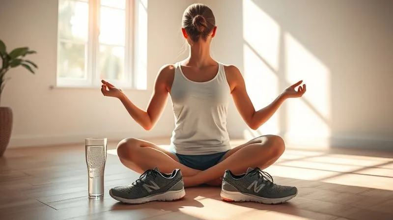 A photorealistic image of a person meditating peacefully in a sunlit, minimalist room, with a glass of water and a pair of running shoes subtly placed nearby. The atmosphere is calm and balanced, symbolizing holistic well-being and sustained energy. Professional photography, 8K, cinematic lighting, sharp focus on the person, depth of field, shot on a high-end DSLR.
