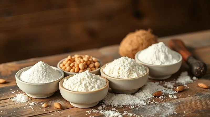A professional photography shot of a rustic wooden table with small ceramic bowls filled with various protein flours: lupin flour, chickpea flour, almond flour, and coconut flour, each clearly labeled. The flours have distinct textures and colors. Soft, natural light illuminates the scene, creating a warm and inviting atmosphere. 8K, cinematic lighting, sharp focus on the bowls, depth of field blurring the background, shot on a high-end DSLR, clean and minimalist composition.