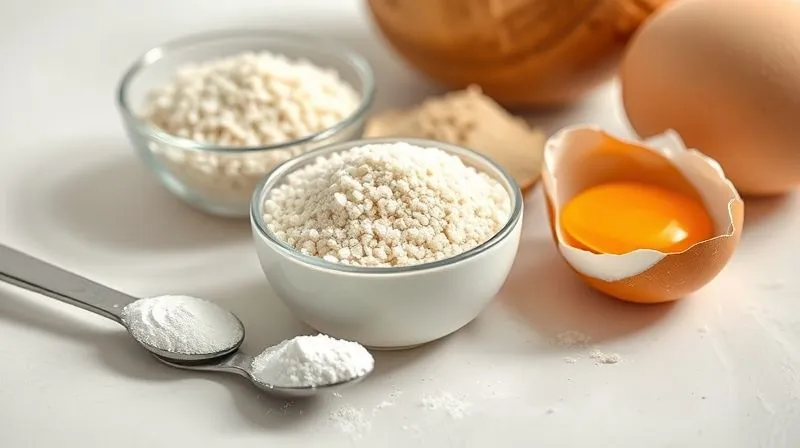 A professional photography shot of a collection of natural baking ingredients on a clean, light-colored kitchen counter. Prominently featured are a small bowl of psyllium husks, a tiny spoon with white gum guar powder, and another with xanthan gum powder. Nearby, a crack-open egg is shown with its clear white and vibrant yolk, suggesting their role in baking. Soft, diffused natural light. 8K, cinematic lighting, sharp focus on the ingredients, depth of field blurring the background, shot on a high-end DSLR, clean and minimalist composition.