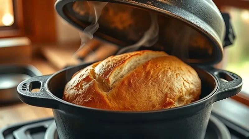 A photorealistic professional photography shot of a rustic cast iron Dutch oven with a freshly baked, golden-brown protein bread loaf inside, just removed from the oven. Steam is gently rising from the bread. The scene is set in a warm, inviting kitchen with soft, diffused natural light filtering through a window. The focus is sharp on the bread, with a shallow depth of field blurring the background. 8K, cinematic lighting, shot on a high-end DSLR, emphasizing warmth and homemade goodness.