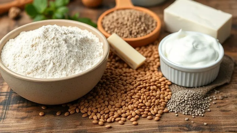 A close-up, photorealistic image of various protein-rich ingredients on a rustic wooden table: a bowl of spelt flour, a separate bowl of lentil flour, a block of cottage cheese, Greek yogurt, chia seeds, flax seeds, and pumpkin seeds. The ingredients are artfully arranged, suggesting healthy baking. professional photography, 8K, cinematic lighting, sharp focus on the ingredients, depth of field blurring the background, shot on a high-end DSLR.