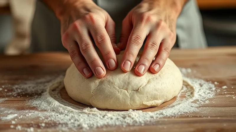 A professional, photorealistic close-up of a baker's hands gently kneading a soft, elastic spelt bread dough on a lightly floured wooden surface. The dough shows good hydration and a subtle texture, with a few visible specks of seeds. Warm, natural kitchen lighting. photorealistic, professional photography, 8K, cinematic lighting, sharp focus on the hands and dough, depth of field blurring the background, shot on a high-end DSLR.