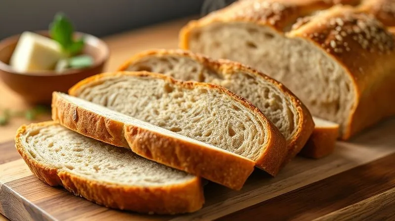 A perfectly sliced, warm spelt fitness bread loaf on a wooden cutting board, with steam gently rising from the slices. The texture is clearly soft and airy, with visible seeds and a golden-brown crust. A small bowl of cottage cheese and fresh herbs is in the background, out of focus. photorealistic, professional photography, 8K, cinematic lighting, sharp focus on the sliced bread, depth of field blurring the background, shot on a high-end DSLR.