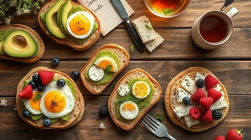 A top-down, photorealistic shot of a rustic wooden table laden with various healthy, protein-rich spelt bread slices, some with avocado and eggs, others with cottage cheese and berries. The bread looks soft and inviting. A handwritten recipe journal and a cup of herbal tea are also on the table. Warm, inviting light, professional photography, 8K, cinematic lighting, sharp focus on the food, depth of field blurring the background, shot on a high-end DSLR.