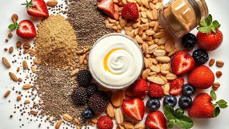 A vibrant and artistic flat lay of various high-protein vegan ingredients: protein powder (pea/soy), chia seeds, hemp seeds, sliced almonds, a jar of natural peanut butter, and fresh berries, arranged around a small bowl of vegan yogurt. Bright, clean studio lighting, focus on texture and natural colors.