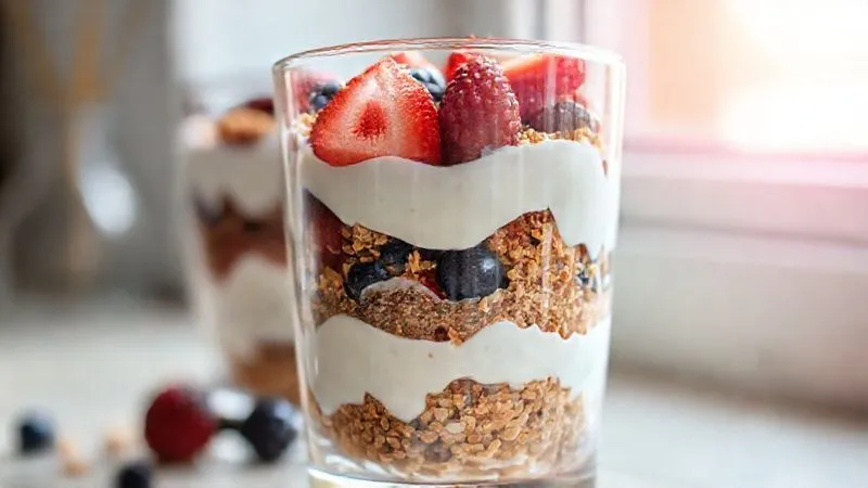 A close-up, detailed shot of a perfectly layered vegan yogurt parfait in a clear glass, showing distinct layers of high-protein yogurt, granola, and fresh berries. Natural light streaming from a window, creating a soft, inviting glow, emphasizing freshness and health.