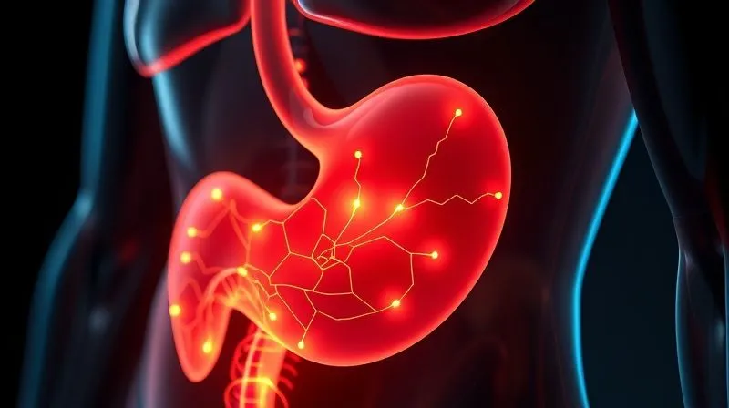 photorealistic, professional photography, 8K, cinematic lighting, sharp focus, depth of field, shot on a high-end DSLR: A close-up of a human stomach model with glowing lines illustrating the hormonal pathways of satiety and hunger, set against a dark, scientific background, emphasizing complex biological processes.