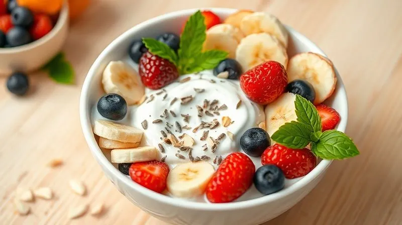 photorealistic, professional photography, 8K, cinematic lighting, sharp focus, depth of field, shot on a high-end DSLR: A beautifully arranged, vibrant fruit bowl with visible layers of creamy Greek yogurt, various fresh berries, sliced banana, and a generous sprinkle of chia seeds and chopped almonds, presented on a light wooden background, with natural light highlighting its texture and freshness.