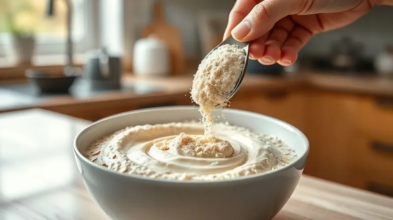 Photorealistic, professional photography, 8K, cinematic lighting, sharp focus, depth of field, shot on a high-end DSLR. A hand gently stirring a bowl of creamy oatmeal with a scoop of white protein powder being added, creating a swirling texture. The background is a clean, modern kitchen with soft morning light.