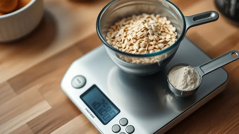 Photorealistic, professional photography, 8K, cinematic lighting, sharp focus, depth of field, shot on a high-end DSLR. A close-up of a digital kitchen scale with a bowl of oats being precisely weighed, alongside a measuring scoop of protein powder. The focus is on precision and control.