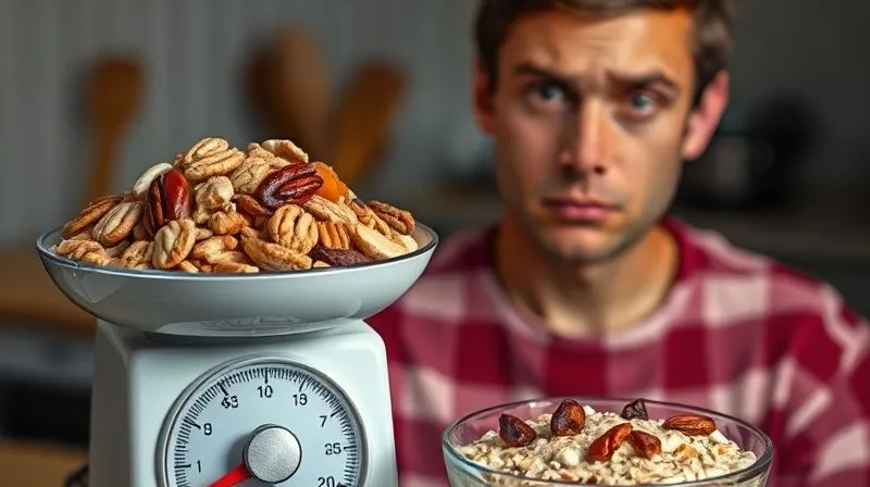 Photorealistic, professional photography, 8K, cinematic lighting, sharp focus, depth of field, shot on a high-end DSLR. A person looking confusedly at a kitchen scale showing an excessive amount of nuts and dried fruits next to a bowl of oatmeal, highlighting the common mistake of over-portioning high-calorie toppings.