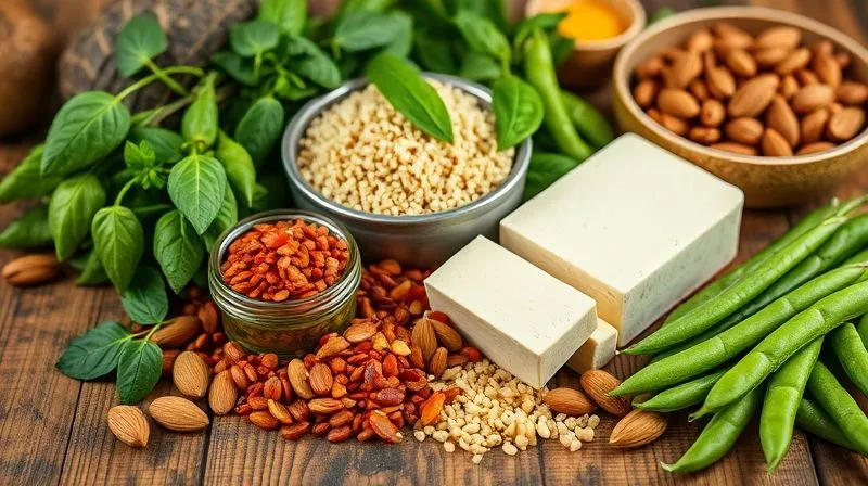 Photorealistic, professional photography of a vibrant culinary display featuring various plant-based protein sources: a bowl of cooked quinoa, a small pile of red lentils, a block of firm tofu, a handful of almonds, and green edamame pods, all arranged on a rustic wooden table with soft, natural lighting, 8K, sharp focus, depth of field, shot on a high-end DSLR, emphasizing health and abundance.