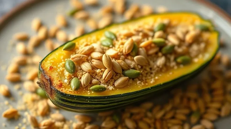 A photorealistic, professional photography shot from above, showcasing a vibrant baked zucchini half, artfully garnished with a sprinkle of golden toasted hemp seeds, bright green pumpkin seeds, and a dusting of yellow nutritional yeast, creating a visually appealing and healthy texture contrast. Soft, diffused lighting, 8K, sharp focus on the toppings, depth of field blurring the background, shot on a high-end DSLR, emphasizing healthy gourmet cooking.