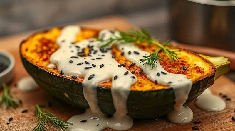 A photorealistic, professional photography image of a golden-brown baked zucchini half, drizzled generously with a creamy, light-colored tahini-based sauce, garnished with fresh dill and a sprinkle of black sesame seeds. The scene is illuminated with soft, warm cinematic lighting, 8K, sharp focus on the glistening sauce and herbs, depth of field blurring a clean, rustic kitchen background, shot on a high-end DSLR, emphasizing gourmet vegetarian cooking and rich flavors.