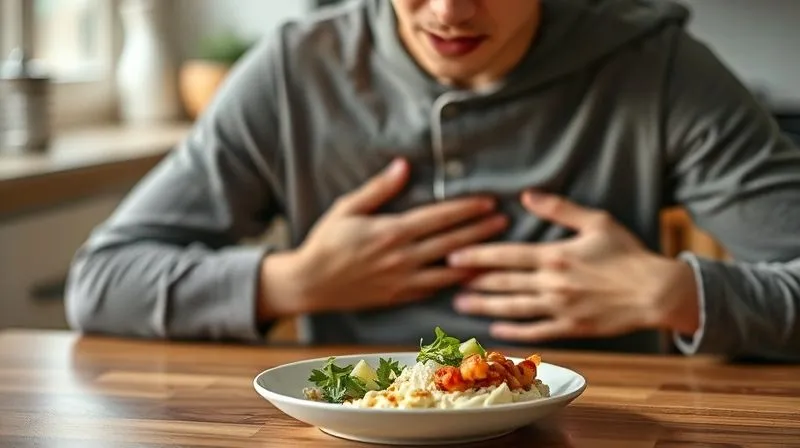 A photorealistic, professional photography image of a person sitting at a kitchen table, looking thoughtfully at a half-eaten plate of healthy food, with a hand gently resting on their stomach, conveying a sense of introspection and listening to one's body. The lighting is soft and natural, emphasizing a calm and mindful atmosphere, 8K, sharp focus on the person and plate, depth of field blurring the background, shot on a high-end DSLR, evoking self-care and intuitive eating.