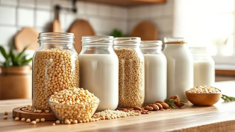 A close-up, photorealistic image of various plant-based flours (chickpea, lentil, oat) and different types of plant milk (soy, pea, almond) neatly arranged in aesthetic glass jars on a wooden kitchen counter, bathed in soft morning light. The scene emphasizes natural, wholesome ingredients. photorealistic, professional photography, 8K, cinematic lighting, sharp focus, depth of field, shot on a high-end DSLR.