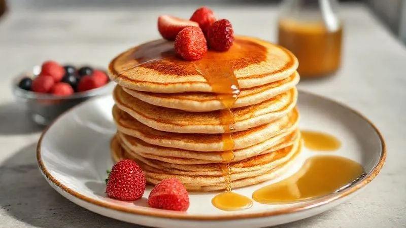 A beautifully plated stack of thin, golden-brown vegan pancakes, with a small bowl of fresh berries and a drizzle of sugar-free maple syrup on the side. The scene is bright, airy, and evokes a healthy, satisfying breakfast. photorealistic, professional photography, 8K, cinematic lighting, sharp focus, depth of field, shot on a high-end DSLR.