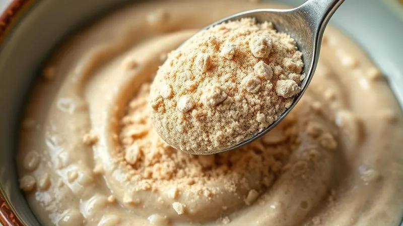 A close-up, photorealistic image of a scoop of plant-based protein powder being added to a bowl of creamy vegan oatmeal, with a subtle swirl effect. The powder is light brown/beige, contrasting with the oatmeal. Professional photography, 8K, cinematic lighting, sharp focus, depth of field.