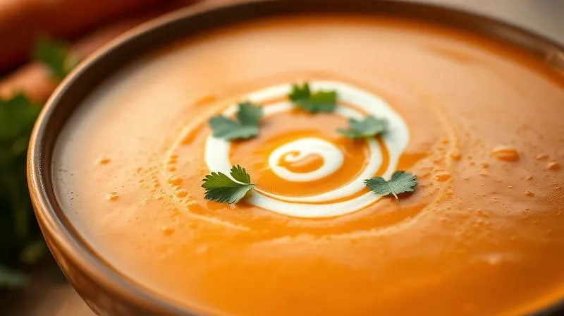 A close-up, photorealistic shot of a vibrant orange carrot cream soup, topped with a swirl of creamy lentil puree and a sprinkle of fresh cilantro. The texture is inviting, with cinematic lighting emphasizing the warmth and richness. professional photography, 8K, sharp focus, depth of field, shot on a high-end DSLR.