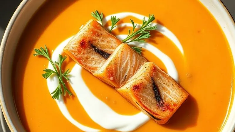 A photorealistic overhead shot of a creamy carrot soup, garnished with delicate flakes of grilled salmon, fresh dill, and a dollop of Greek yogurt. The composition is artful and appealing, with soft, natural light illuminating the dish. professional photography, 8K, sharp focus, depth of field, shot on a high-end DSLR.