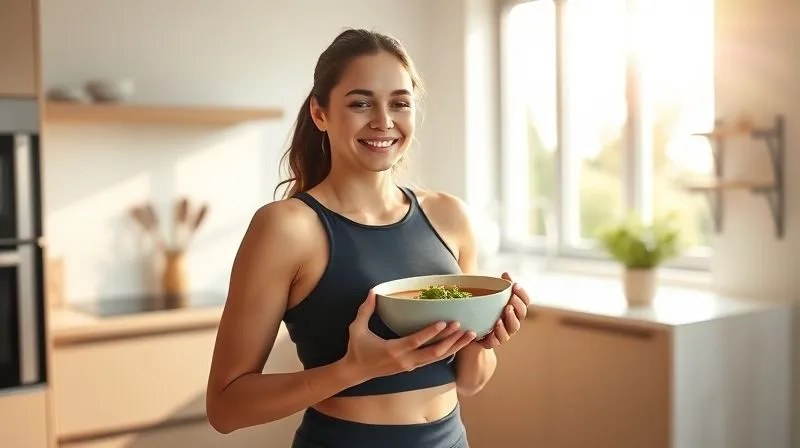 A serene, photorealistic image of a woman in activewear, smiling gently as she holds a steaming bowl of healthy, protein-rich soup in a modern, minimalist kitchen. Sunlight streams through a window, highlighting a sense of well-being and mindful eating. professional photography, 8K, sharp focus, depth of field, shot on a high-end DSLR.