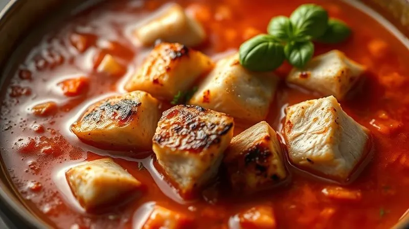 A photorealistic, professional photography, 8K, cinematic lighting, sharp focus, depth of field, shot on a high-end DSLR, of a steaming bowl of rich tomato soup, with perfectly grilled and diced chicken breast pieces and flakes of white fish visibly integrated, garnished with fresh basil. The image conveys health, warmth, and deliciousness, with a focus on the protein additions.