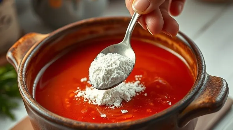 A photorealistic, professional photography, 8K, cinematic lighting, sharp focus, depth of field, shot on a high-end DSLR, of a hand stirring a spoonful of white, unflavored protein powder into a steaming, vibrant red tomato soup in a rustic ceramic bowl. The scene emphasizes ease of integration and nutritional enhancement, with a clean kitchen background.