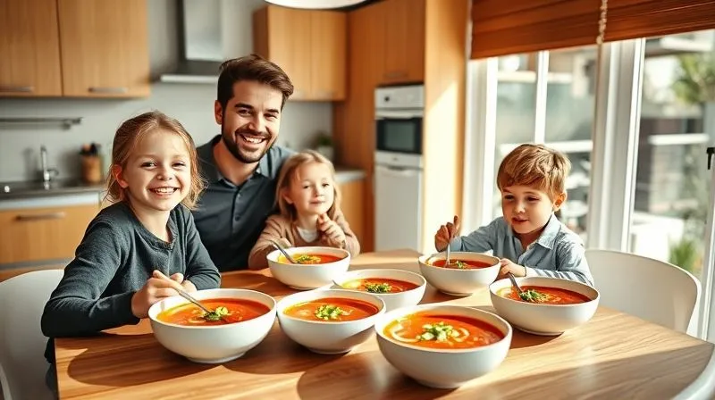 A photorealistic, professional photography, 8K, cinematic lighting, sharp focus, depth of field, shot on a high-end DSLR, of a happy family (two adults, two children) sitting around a modern kitchen table, smiling and enjoying bowls of vibrant, protein-rich tomato soup. The scene evokes warmth, health, and family well-being, with natural light streaming in.