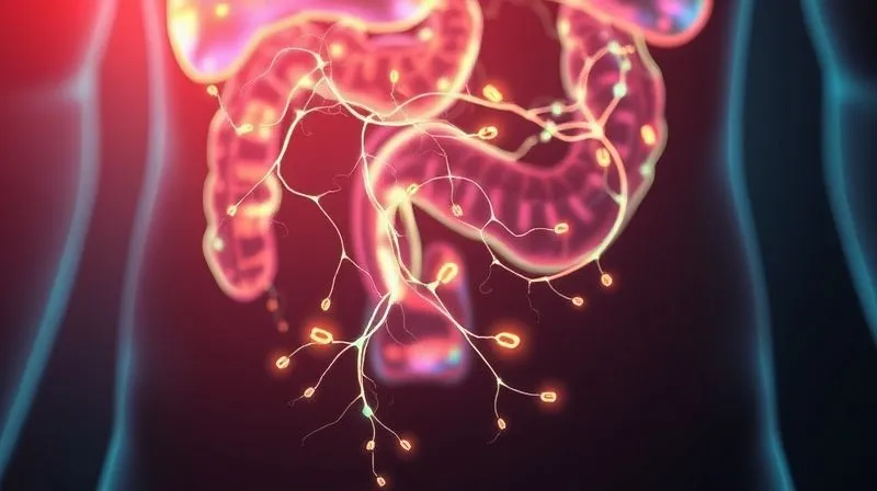 Photorealistic close-up of a vibrant, healthy gut microbiome represented by glowing, intricate neural-like pathways, with small, beneficial bacteria symbols flowing through them. In the background, a subtle, blurred image of a human abdomen. Cinematic lighting, 8K, sharp focus, depth of field, professional photography, shot on a high-end DSLR.