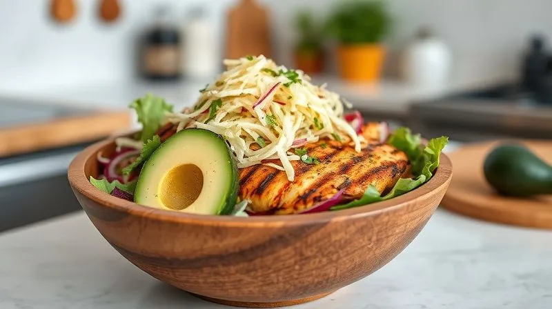 Photorealistic image of a vibrant, fresh keto salad with grilled chicken, avocado, and a generous portion of bright, crunchy sauerkraut. The salad is in a rustic wooden bowl on a clean, minimalist kitchen counter. Cinematic lighting, 8K, sharp focus, depth of field, professional photography, shot on a high-end DSLR.
