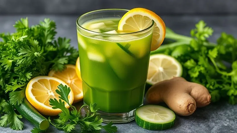 photorealistic, professional photography, 8K, cinematic lighting, sharp focus, depth of field, shot on a high-end DSLR. A vibrant arrangement of fresh parsley, sliced lemons, a piece of ginger root, and cucumber slices, artfully displayed around a glass of freshly pressed green juice, symbolizing healthy combinations for fat burning.