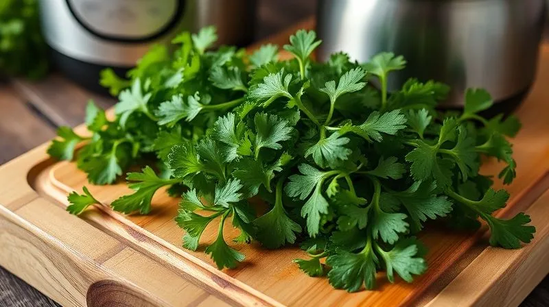 photorealistic, professional photography, 8K, cinematic lighting, sharp focus, depth of field, shot on a high-end DSLR. A close-up of vibrant, fresh, organically grown parsley on a rustic wooden cutting board, with water droplets visible on the leaves, next to a modern slow juicer. Emphasize freshness and quality.
